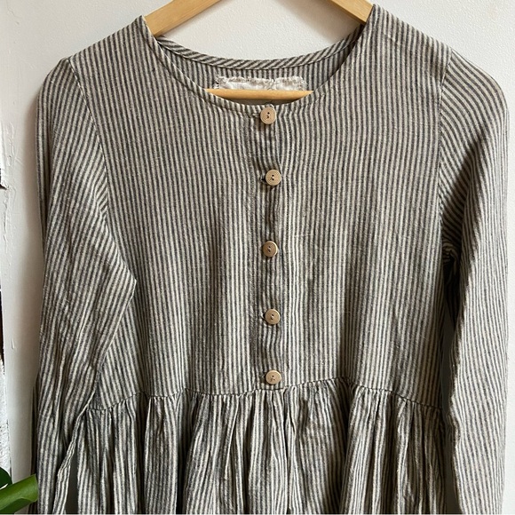 SOLD | NotPerfectLinen | Mama Midi Dress | Natural Grey Stripe | XS - Picture 2 of 7
